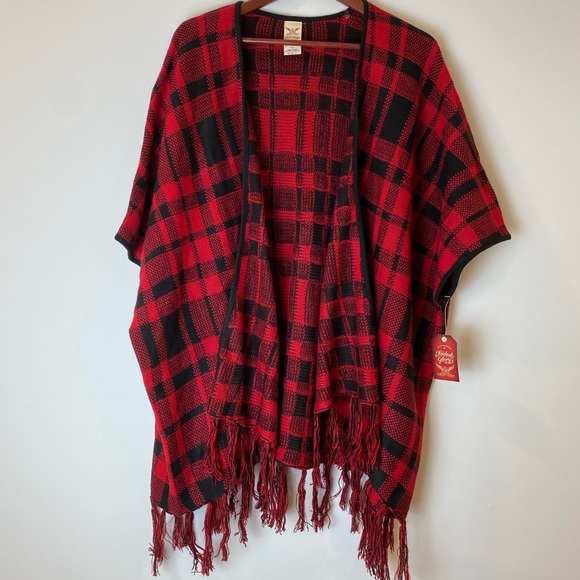 NWT Faded Glory Red and Black Buffalo Plaid Open Poncho Sweater - Picture 5 of 12